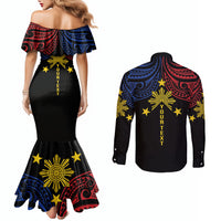 Philippines Heritage Personalized Couples Matching Mermaid Dress and Long Sleeve Button Shirt Baybayin Philipinas Sun