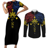 Philippines Heritage Personalized Couples Matching Short Sleeve Bodycon Dress and Long Sleeve Button Shirt Baybayin Philipinas Sun