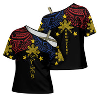 Philippines Heritage Personalized Cross Shoulder Shirt Baybayin Philipinas Sun