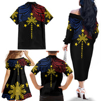 Philippines Heritage Personalized Family Matching Off The Shoulder Long Sleeve Dress and Hawaiian Shirt Baybayin Philipinas Sun LT7 - Polynesian Pride