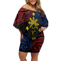 Philippines Heritage Personalized Family Matching Off Shoulder Short Dress and Hawaiian Shirt Baybayin Philipinas Sun