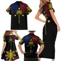 Philippines Heritage Personalized Family Matching Short Sleeve Bodycon Dress and Hawaiian Shirt Baybayin Philipinas Sun LT7 - Polynesian Pride