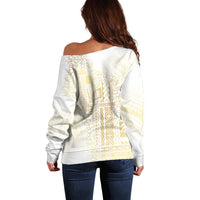 Samoa Lotu Tamaiti Mamanu Siapo Off Shoulder Sweater Golden Plumeria - Polynesian Pride