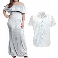 Samoa Lotu Tamaiti Mamanu Siapo Couples Matching Off Shoulder Maxi Dress and Hawaiian Shirt Off White Plumeria LT7 Baby Blue - Polynesian Pride