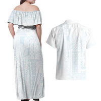 Samoa Lotu Tamaiti Mamanu Siapo Couples Matching Off Shoulder Maxi Dress and Hawaiian Shirt Off White Plumeria LT7 - Polynesian Pride