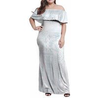 Samoa Lotu Tamaiti Mamanu Siapo Family Matching Off Shoulder Maxi Dress and Hawaiian Shirt Off White Plumeria LT7 Mom's Dress Baby Blue - Polynesian Pride