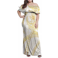 Samoa Lotu Tamaiti Gold Family Matching Off Shoulder Maxi Dress and Hawaiian Shirt Teuila Tatau LT7 Mom's Dress Gold - Polynesian Pride