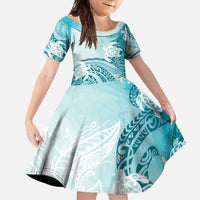 Polynesia Turtle Family Matching Off Shoulder Maxi Dress and Hawaiian Shirt Watercolor Abstract Style LT7 Daughter's Dress Blue - Polynesian Pride