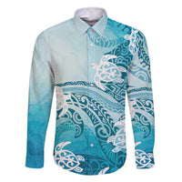 Polynesia Turtle Family Matching Off Shoulder Maxi Dress and Hawaiian Shirt Watercolor Abstract Style LT7 Dad's Shirt - Long Sleeve Blue - Polynesian Pride