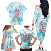 Sea Blue Polynesian Jellyfish Family Matching Off The Shoulder Long Sleeve Dress and Hawaiian Shirt Watercolor Glows LT7 - Polynesian Pride