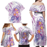 Lavender Polynesian Jellyfish Family Matching Off Shoulder Maxi Dress and Hawaiian Shirt Watercolor Glows LT7 - Polynesian Pride