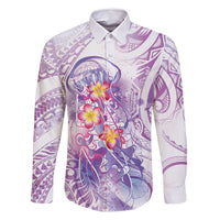 Lavender Polynesian Jellyfish Family Matching Off Shoulder Maxi Dress and Hawaiian Shirt Watercolor Glows LT7 Dad's Shirt - Long Sleeve Lavender - Polynesian Pride