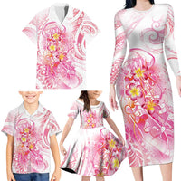 Rose Pink Polynesian Jellyfish Family Matching Long Sleeve Bodycon Dress and Hawaiian Shirt Watercolor Glows LT7 - Polynesian Pride