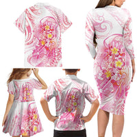 Rose Pink Polynesian Jellyfish Family Matching Long Sleeve Bodycon Dress and Hawaiian Shirt Watercolor Glows LT7 - Polynesian Pride