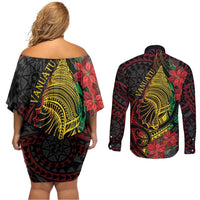 Vanuatu Meri Krismas Couples Matching Off Shoulder Short Dress and Long Sleeve Button Shirt Conch Shell Tribal Art
