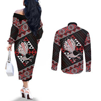 Taniko Aotearoa Couples Matching Off The Shoulder Long Sleeve Dress and Long Sleeve Button Shirt Poutama Mix Piwakawaka