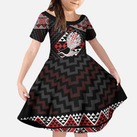 Taniko Aotearoa Family Matching Off The Shoulder Long Sleeve Dress and Hawaiian Shirt Poutama Mix Piwakawaka LT7 Daughter's Dress Red - Polynesian Pride