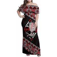 Taniko Aotearoa Family Matching Off Shoulder Maxi Dress and Hawaiian Shirt Poutama Mix Piwakawaka LT7 Mom's Dress Red - Polynesian Pride