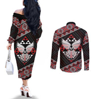 Taniko Aotearoa Couples Matching Off The Shoulder Long Sleeve Dress and Long Sleeve Button Shirt Poutama Mix Piwakawaka - Ver02