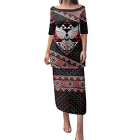 Taniko Aotearoa Family Matching Puletasi and Hawaiian Shirt Poutama Mix Piwakawaka - Ver02 LT7 Mom's Dress Red - Polynesian Pride