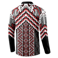 Maori Tukutuku Taniko Motifs Button Sweatshirt Red Poutama Mix Kowhaiwhai