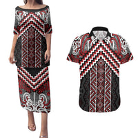 Maori Tukutuku Taniko Motifs Couples Matching Puletasi and Hawaiian Shirt Red Poutama Mix Kowhaiwhai LT7 Red - Polynesian Pride