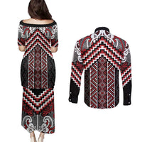 Maori Tukutuku Taniko Motifs Couples Matching Puletasi and Long Sleeve Button Shirt Red Poutama Mix Kowhaiwhai LT7 - Polynesian Pride