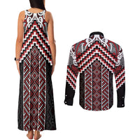 Maori Tukutuku Taniko Motifs Couples Matching Tank Maxi Dress and Long Sleeve Button Shirt Red Poutama Mix Kowhaiwhai LT7 - Polynesian Pride