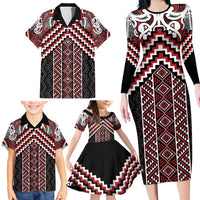 Maori Tukutuku Taniko Motifs Family Matching Long Sleeve Bodycon Dress and Hawaiian Shirt Red Poutama Mix Kowhaiwhai LT7 - Polynesian Pride