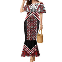 Maori Tukutuku Taniko Motifs Family Matching Mermaid Dress and Hawaiian Shirt Red Poutama Mix Kowhaiwhai LT7 Mom's Dress Red - Polynesian Pride