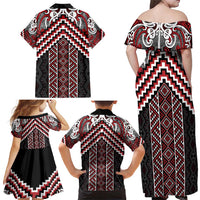 Maori Tukutuku Taniko Motifs Family Matching Off Shoulder Maxi Dress and Hawaiian Shirt Red Poutama Mix Kowhaiwhai LT7 - Polynesian Pride