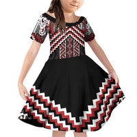 Maori Tukutuku Taniko Motifs Family Matching Off Shoulder Short Dress and Hawaiian Shirt Red Poutama Mix Kowhaiwhai LT7 Daughter's Dress Red - Polynesian Pride