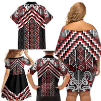 Maori Tukutuku Taniko Motifs Family Matching Off Shoulder Short Dress and Hawaiian Shirt Red Poutama Mix Kowhaiwhai LT7 - Polynesian Pride
