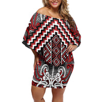 Maori Tukutuku Taniko Motifs Family Matching Off Shoulder Short Dress and Hawaiian Shirt Red Poutama Mix Kowhaiwhai LT7 Mom's Dress Red - Polynesian Pride