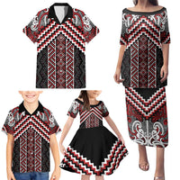 Maori Tukutuku Taniko Motifs Family Matching Puletasi and Hawaiian Shirt Red Poutama Mix Kowhaiwhai LT7 - Polynesian Pride