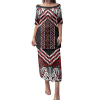 Maori Tukutuku Taniko Motifs Family Matching Puletasi and Hawaiian Shirt Red Poutama Mix Kowhaiwhai LT7 Mom's Dress Red - Polynesian Pride