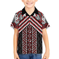 Maori Tukutuku Taniko Motifs Family Matching Short Sleeve Bodycon Dress and Hawaiian Shirt Red Poutama Mix Kowhaiwhai LT7 Son's Shirt Red - Polynesian Pride