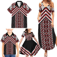 Maori Tukutuku Taniko Motifs Family Matching Summer Maxi Dress and Hawaiian Shirt Red Poutama Mix Kowhaiwhai LT7 - Polynesian Pride