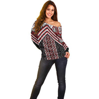 Maori Tukutuku Taniko Motifs Off Shoulder Sweater Red Poutama Mix Kowhaiwhai