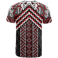 Maori Tukutuku Taniko Motifs T Shirt Red Poutama Mix Kowhaiwhai
