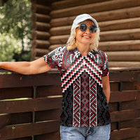 Maori Tukutuku Taniko Motifs Women Polo Shirt Red Poutama Mix Kowhaiwhai