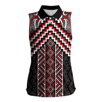 Maori Tukutuku Taniko Motifs Women Sleeveless Polo Shirt Red Poutama Mix Kowhaiwhai