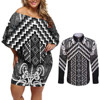 Maori Tukutuku Taniko Motifs Couples Matching Off Shoulder Short Dress and Long Sleeve Button Shirt Black Poutama Mix Kowhaiwhai LT7 Black - Polynesian Pride