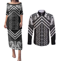 Maori Tukutuku Taniko Motifs Couples Matching Puletasi and Long Sleeve Button Shirt Black Poutama Mix Kowhaiwhai