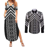 Maori Tukutuku Taniko Motifs Couples Matching Summer Maxi Dress and Long Sleeve Button Shirt Black Poutama Mix Kowhaiwhai LT7 Black - Polynesian Pride