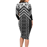 Maori Tukutuku Taniko Motifs Family Matching Long Sleeve Bodycon Dress and Hawaiian Shirt Black Poutama Mix Kowhaiwhai LT7 - Polynesian Pride
