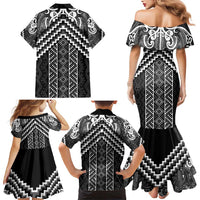 Maori Tukutuku Taniko Motifs Family Matching Mermaid Dress and Hawaiian Shirt Black Poutama Mix Kowhaiwhai LT7 - Polynesian Pride