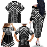 Maori Tukutuku Taniko Motifs Family Matching Off The Shoulder Long Sleeve Dress and Hawaiian Shirt Black Poutama Mix Kowhaiwhai LT7 - Polynesian Pride
