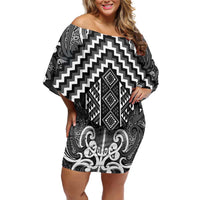 Maori Tukutuku Taniko Motifs Family Matching Off Shoulder Short Dress and Hawaiian Shirt Black Poutama Mix Kowhaiwhai LT7 Mom's Dress Black - Polynesian Pride