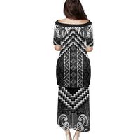 Maori Tukutuku Taniko Motifs Family Matching Puletasi and Hawaiian Shirt Black Poutama Mix Kowhaiwhai